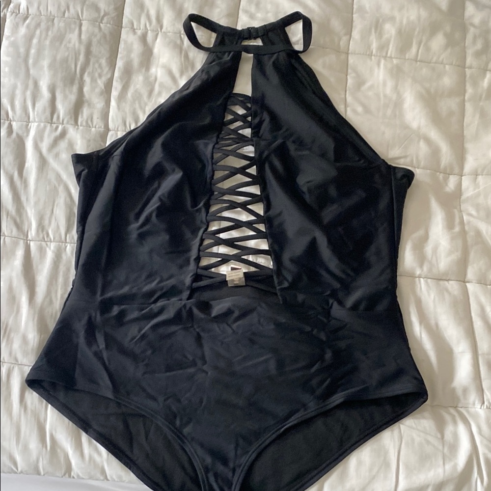 Unique Vintage Black Halter Swimsuit